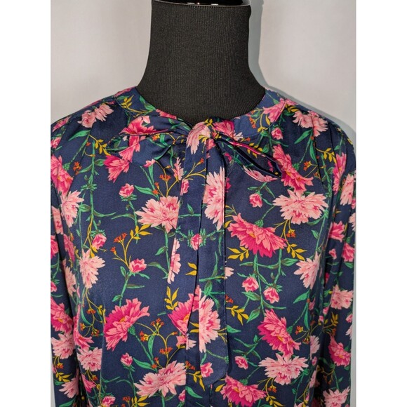Old Navy Dress M Women's Blue Floral Long Sleeve Tie Neck Satin Shift - Picture 2 of 7